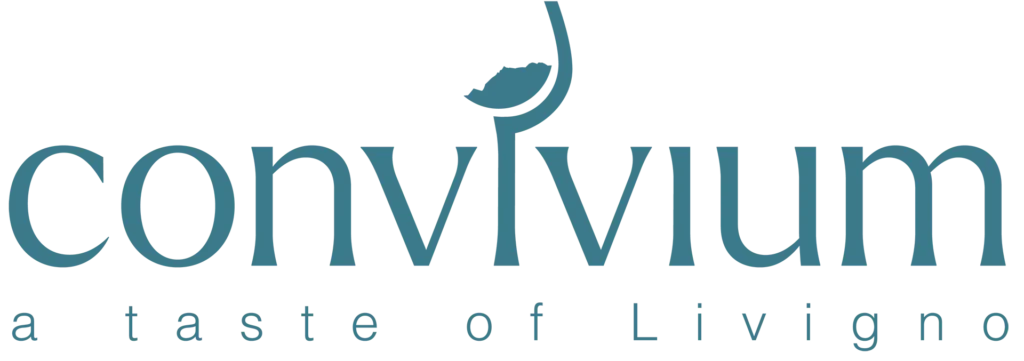 Logo di "Convivium: a taste of Livigno" con simbolo di foglia.