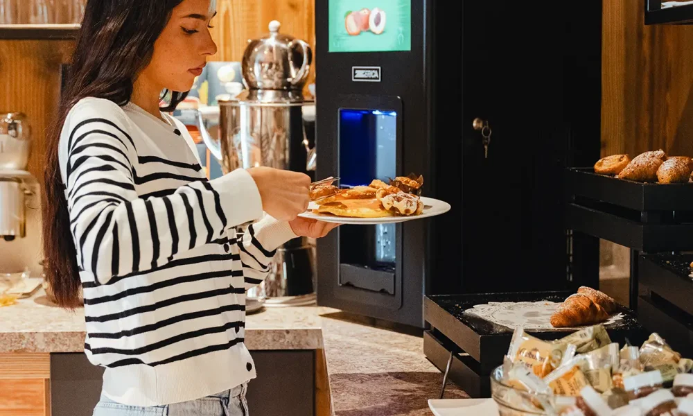 Donna che si serve una colazione in un buffet con distributore di bevande calde.
