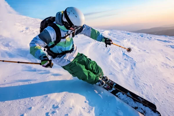 Scitatore in azione su una pista di neve al tramonto.